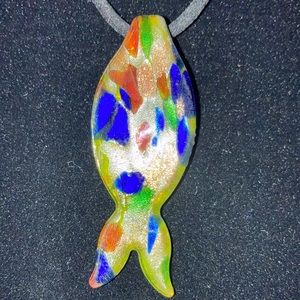 Murano glass fish, multicolored on black suede cord necklace. $25